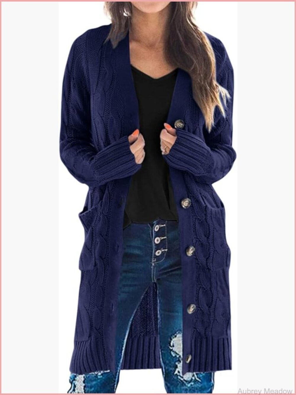 Long Chunky Cable Knit Open Front Cardigan Sweater with Pockets